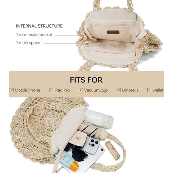 2 For $20   Handmade Woven Straw Bag /  Beach Tote, Lightweight & Trendy Spring - Picture 5 of 6